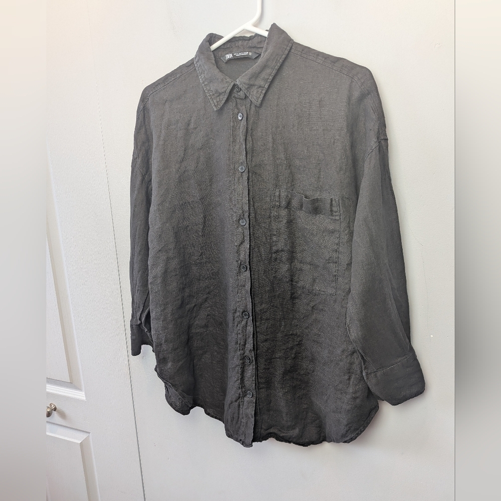 ZARA Black Women Blouse 100% Linen Size S Loose Fit Lightweight Spring Basic